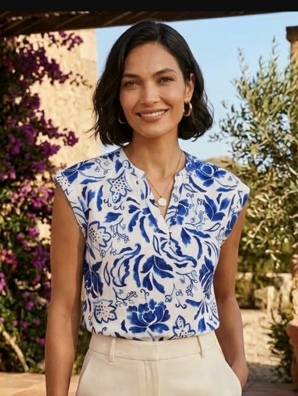 Chaus Blue & White Floral V-Neck Blouse Women’s XL